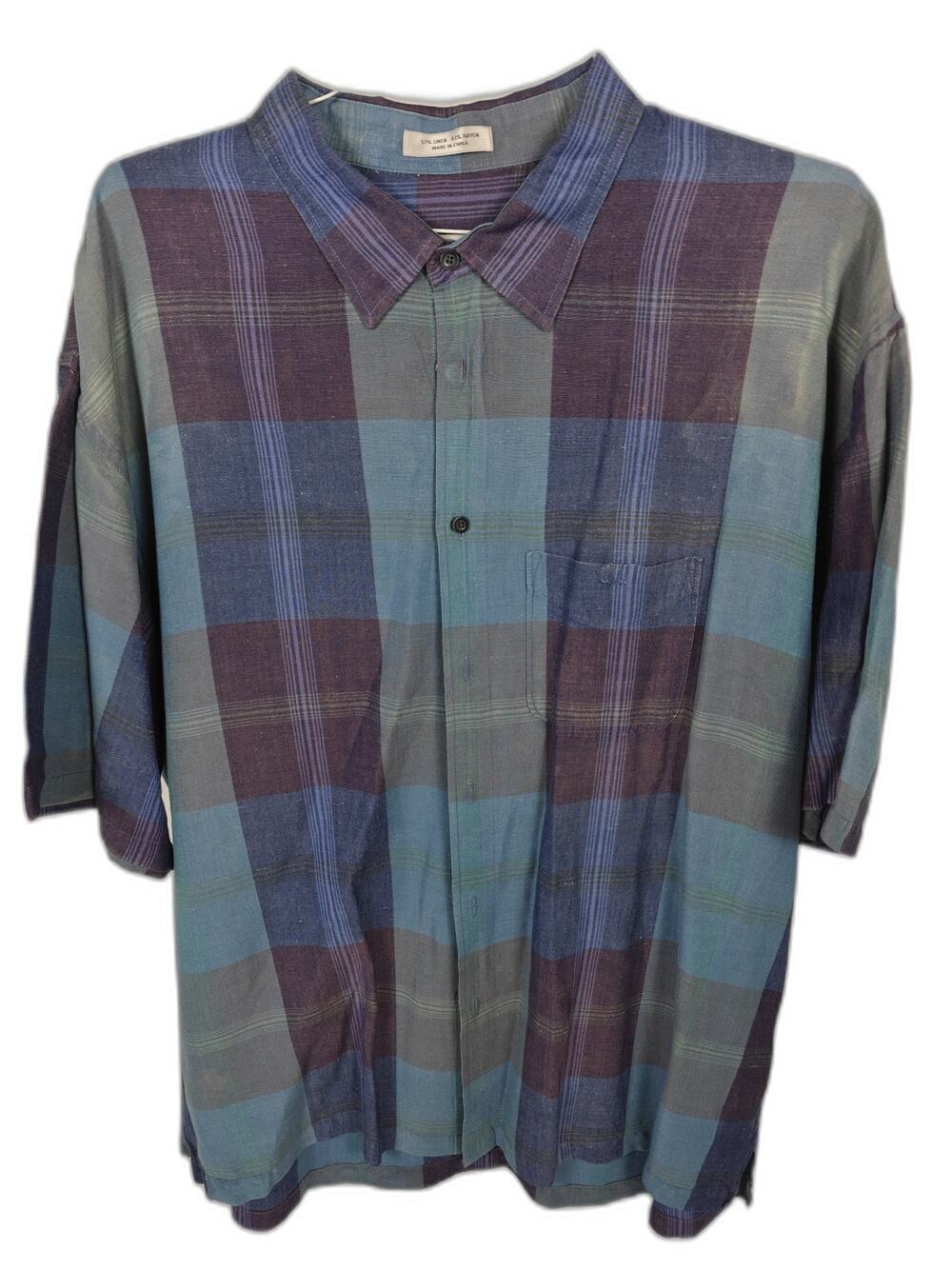 Geoffrey Beene Men's XXL Blue Purple Short Sleeve Linen Blend Button Up Shirt